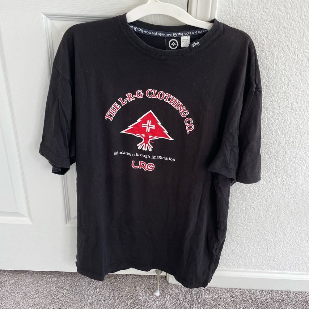 vintage men’s LRG black shirt with red and white graphic